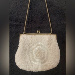 Vintage La Regale Ltd White Beaded Evening Bag, with gold chain strap.